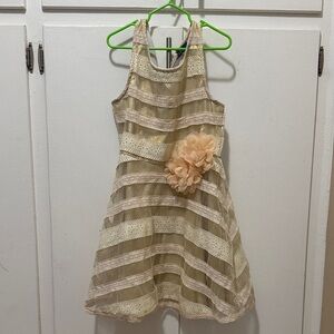 Truly Me Cream and Tan Kids Dress with Floral Detail